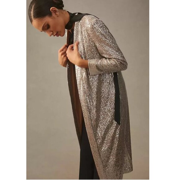 NWOT Anthropologie Mare Mare Sequin Duster Taupe Silver M - Picture 2 of 10